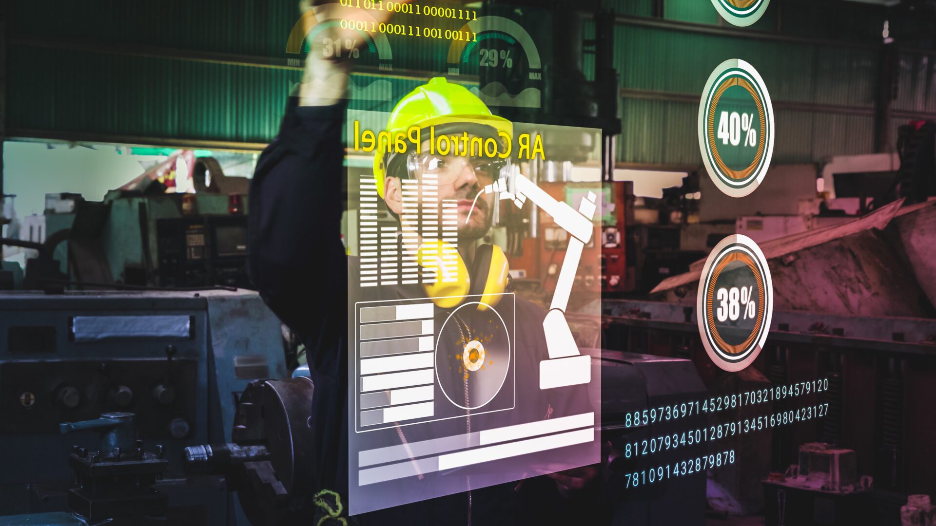 Factory worker use future holographic screen device to control manufacturing Factory worker use future holographic screen device to control manufacturing