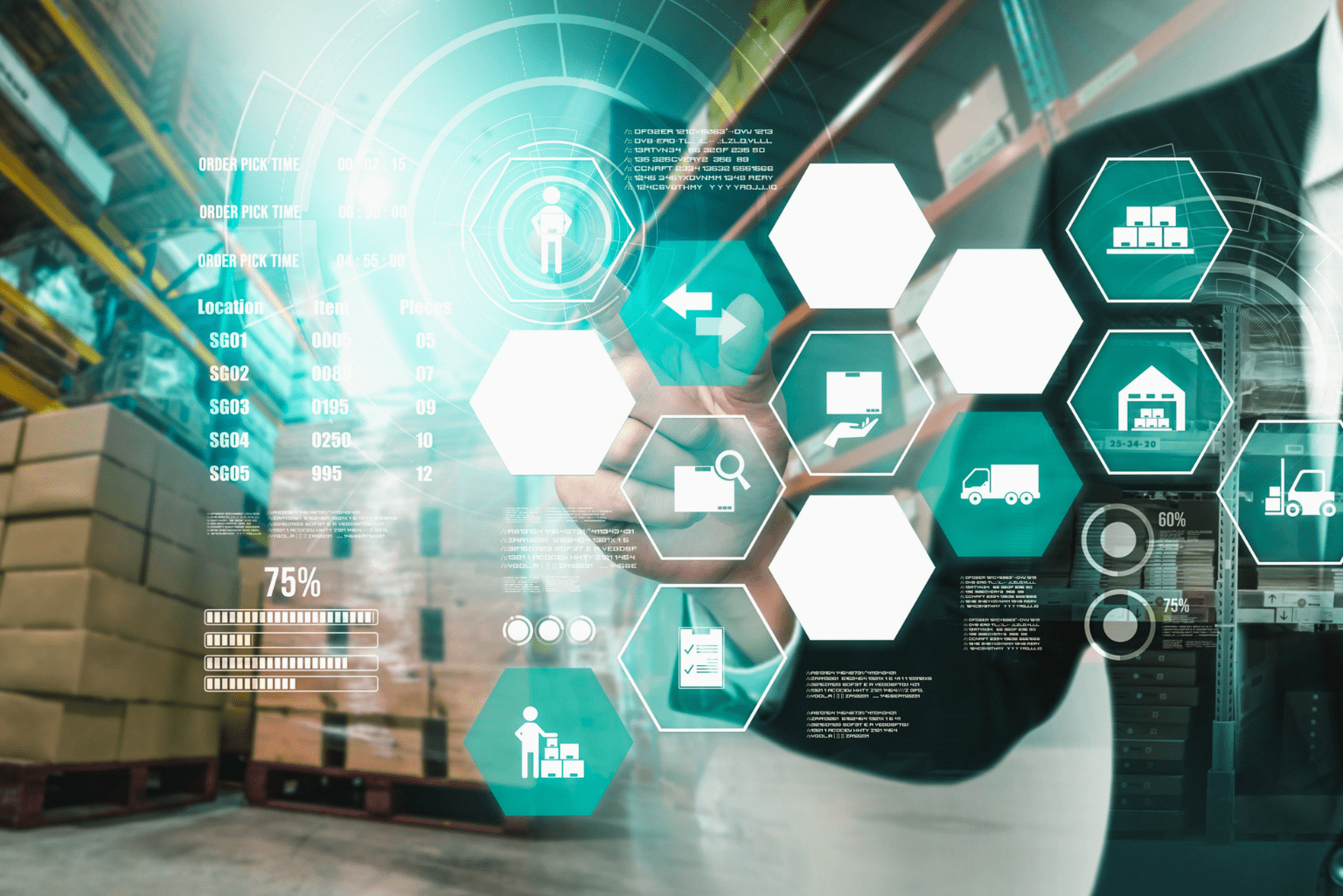 Smart warehouse management system with innovative internet of things technology to identify package picking and delivery . Future concept of supply chain and logistic network business .